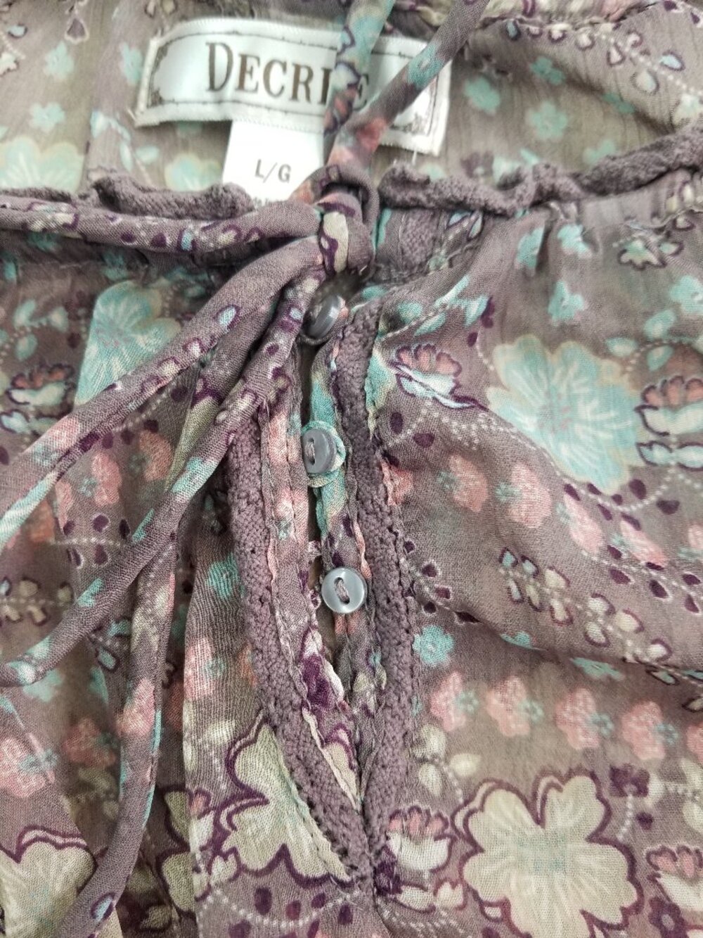 Decree Plum Floral Sheer Long Sleeve Peasant Blouse Large - Picture 8 of 9